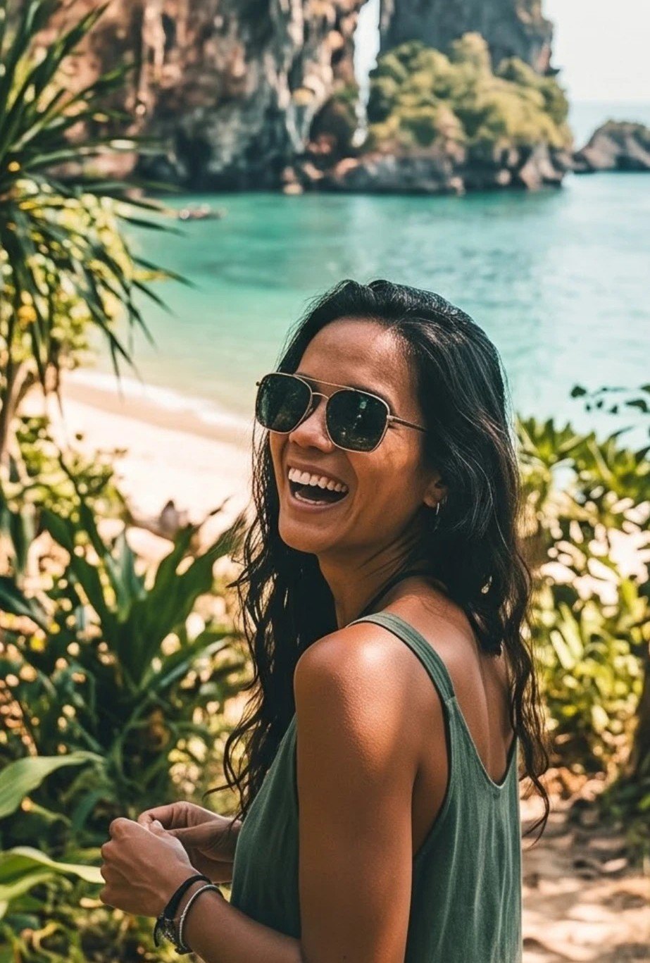 The original, ungraded photo of a woman laughing on a Thai beach path