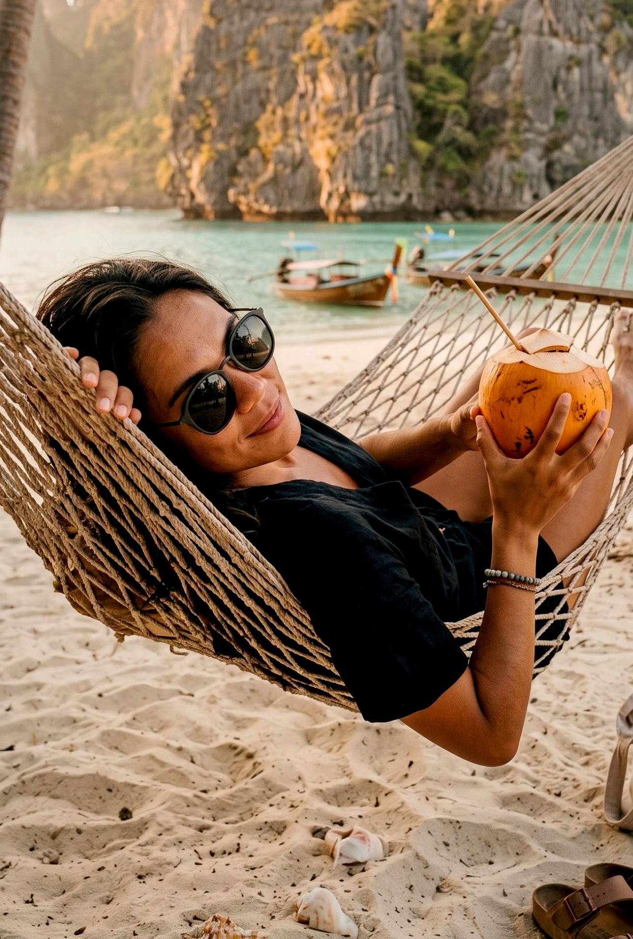 A woman in a hammock on a Thai beach, graded with the STANDARD camera