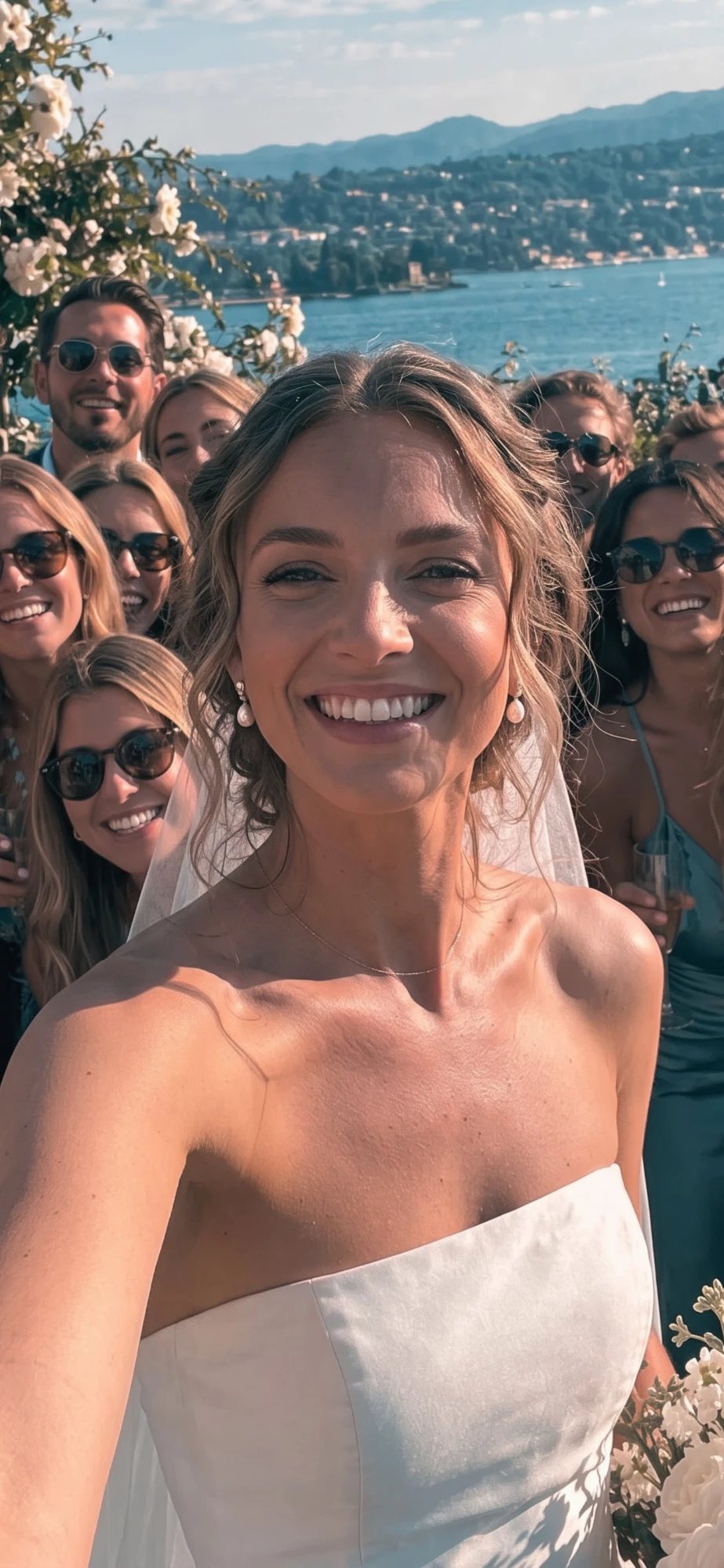 A bride taking a selfie with her friends above a lake