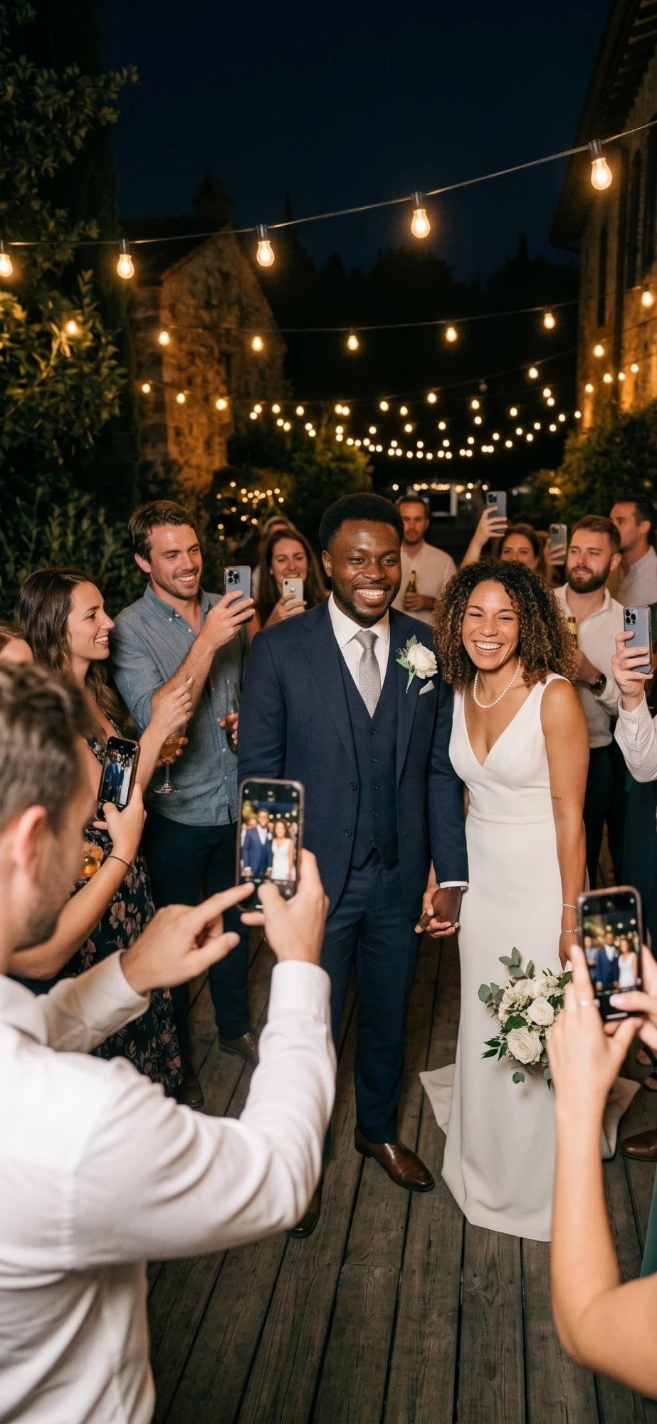 The couple surrounded by guests filming them