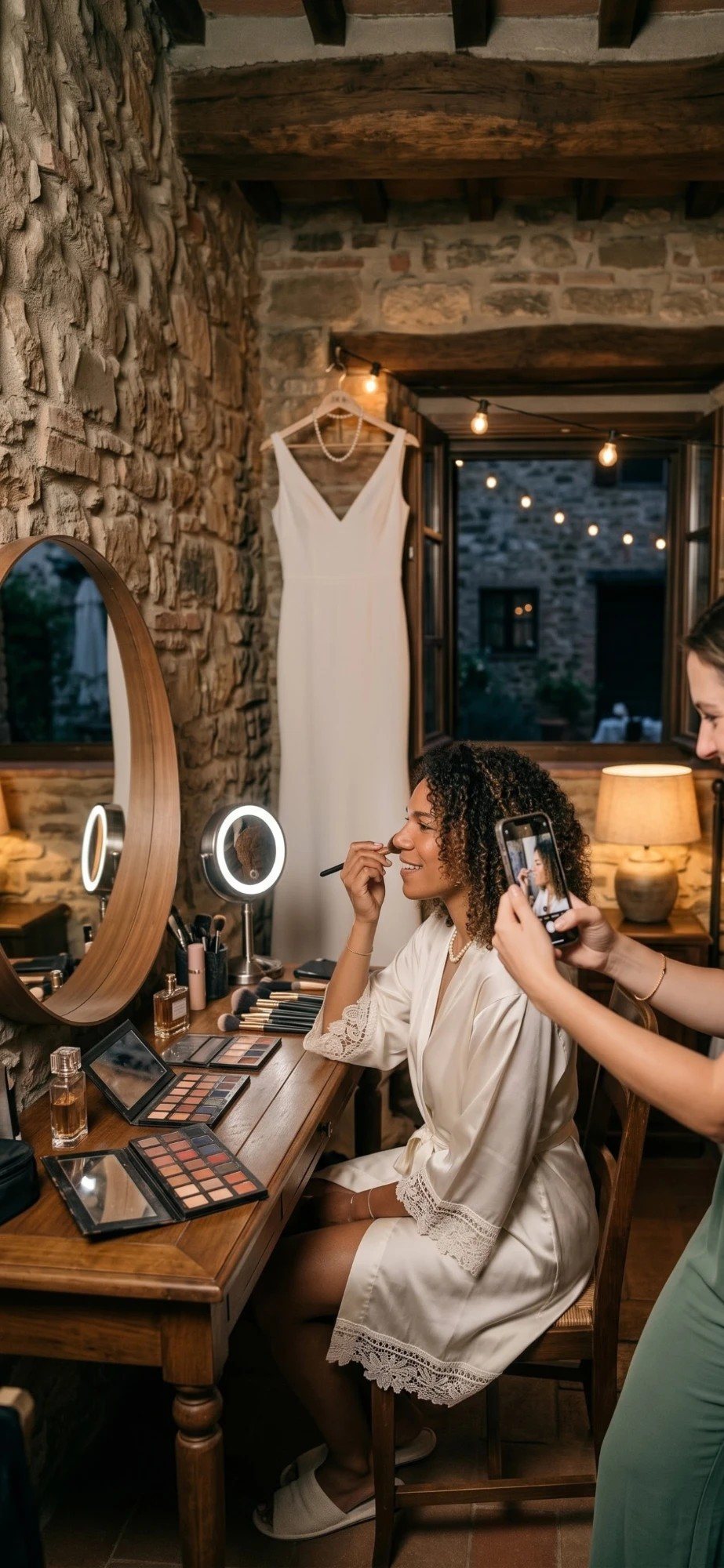 The bride getting ready while a friend films her