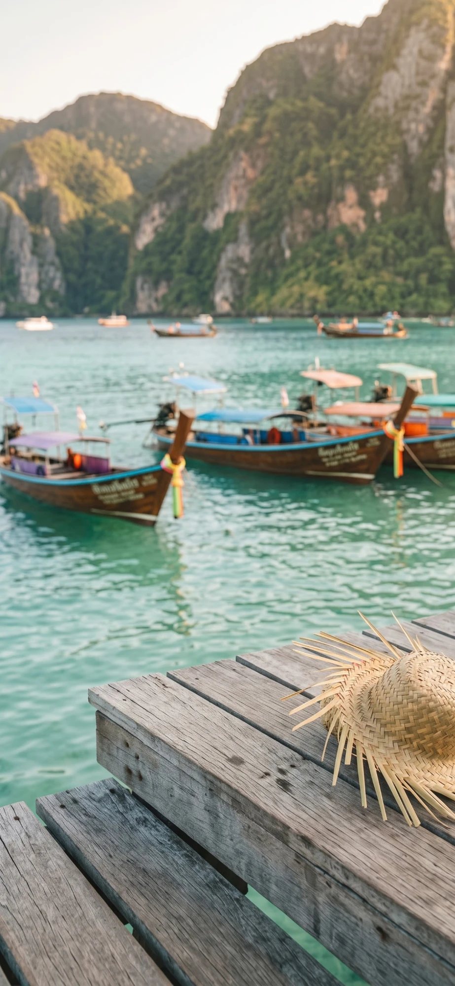Longtail boats in a turquoise bay beside a wooden pier